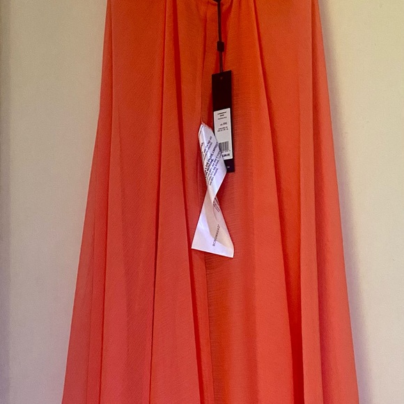 NWT BCBGMAXAZRIA Chiffon Faux Wrap High Low Halter Dress Tie At Waist Salmon XXS - Picture 3 of 8